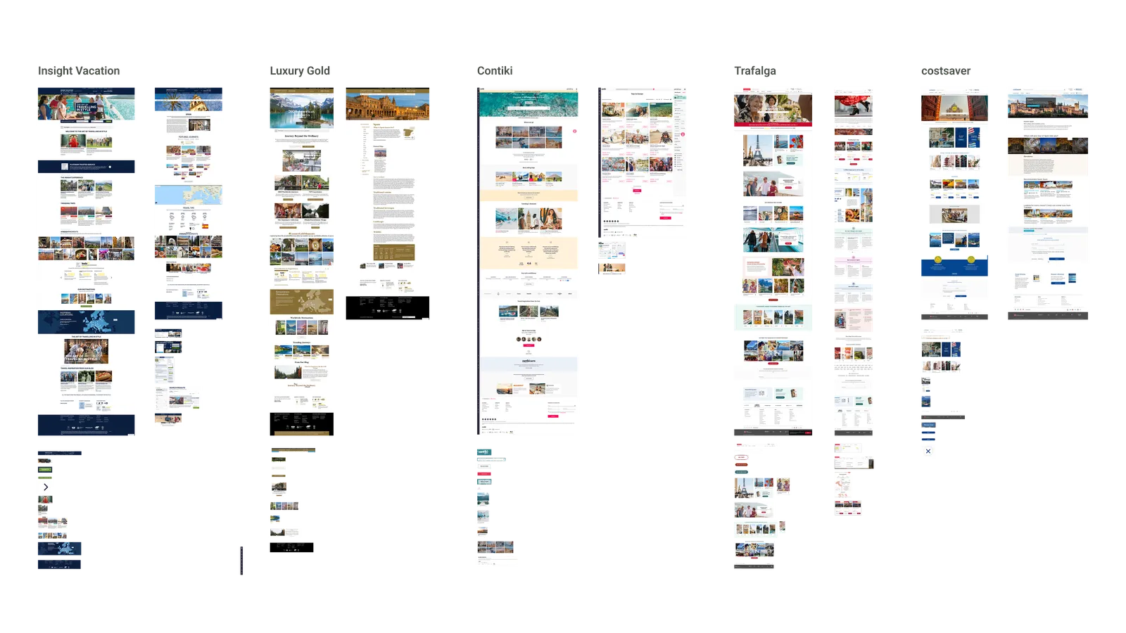 Side-by-side screenshots of TTC brand homepages — Insight Vacations, Luxury Gold, Contiki, Trafalgar, Costsaver
