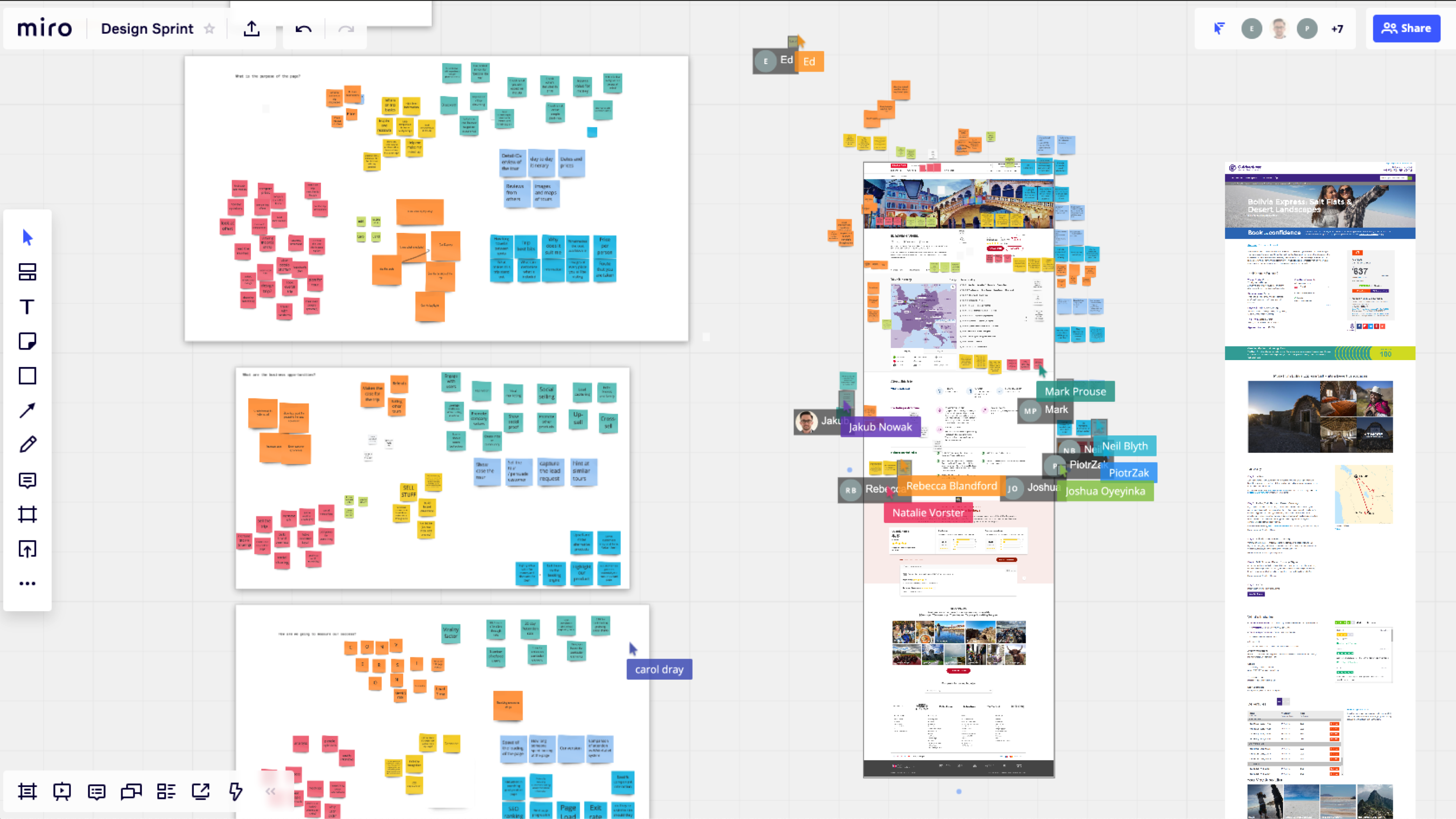 Miro design sprint board showing affinity-mapped sticky notes from 15+ user interviews