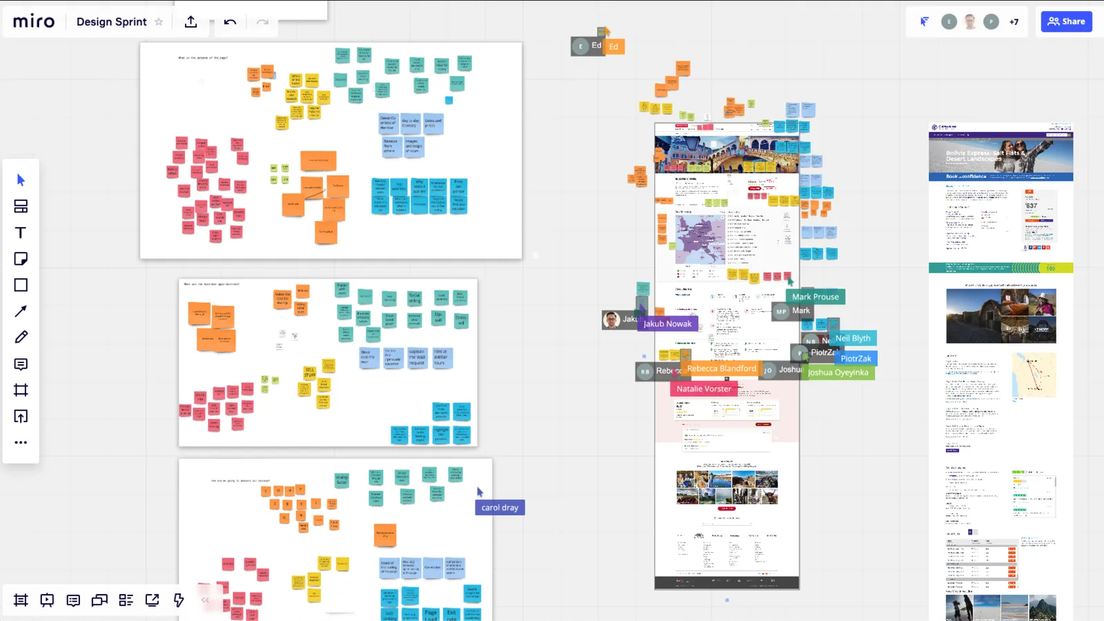 Miro design sprint board showing affinity-mapped sticky notes from 15+ user interviews
